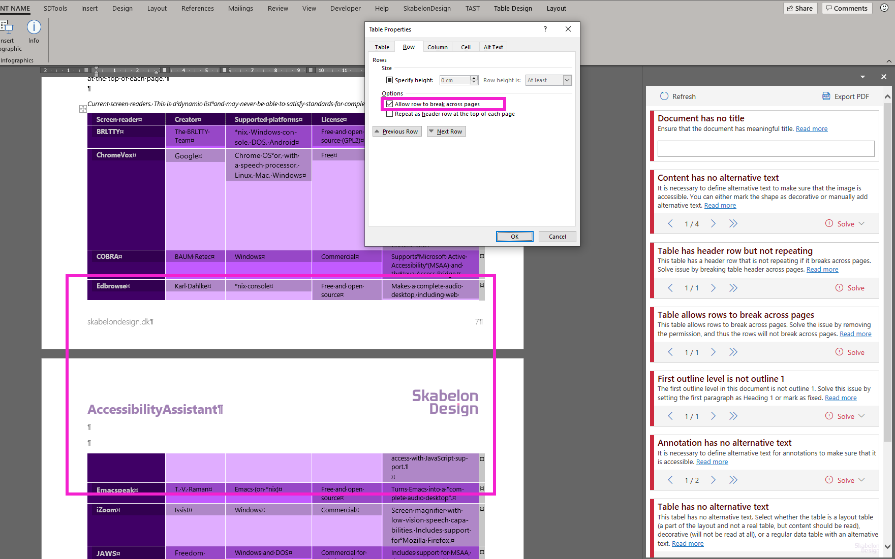 Table allows row to break across pages Word only Omnidocs